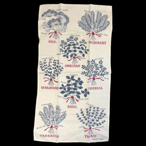 Vintage Tammis Keefe Tea Towel Linen Fresh Herbs Haute Cuisine Dish 15 x 28 READ